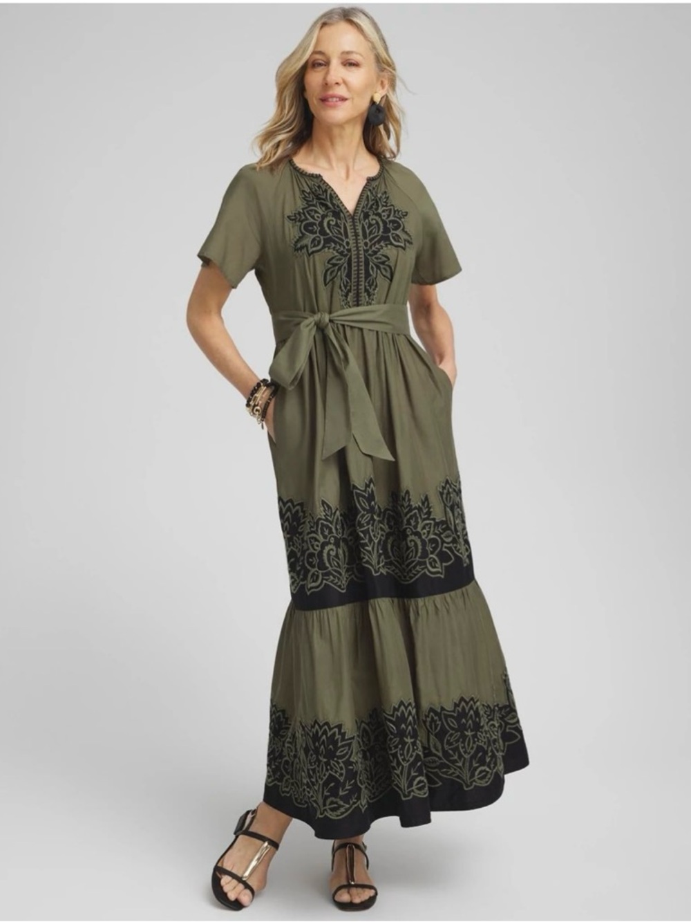Chico’s Olive Embroidered Tie-Waist Tiered Maxi Dress Size 2 Large